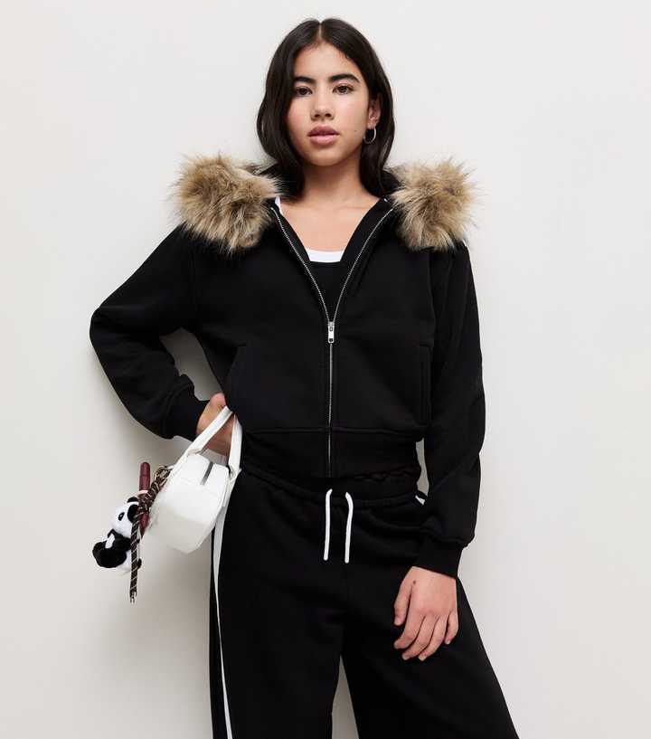 Girls Black Cotton Rich Faux Fur Trim Hoodie