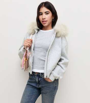 Girls Dark Grey Cotton Rich Faux Fur Trim Hoodie