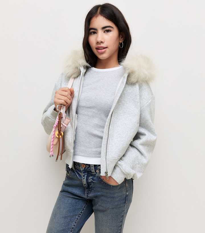 Girls Dark Grey Cotton Rich Faux Fur Trim Hoodie