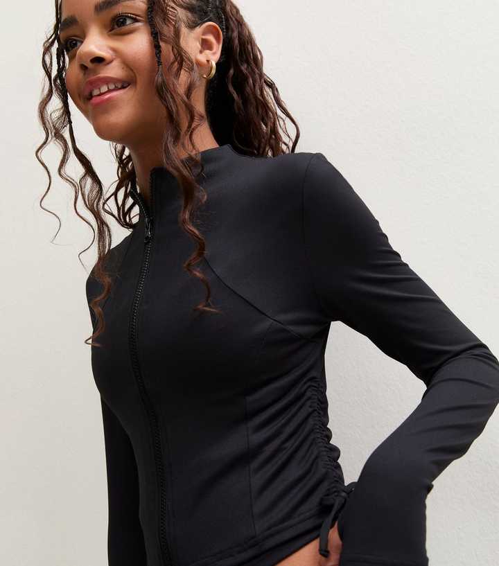Girls Black Zip Through Ruched Side Seam Hoodie