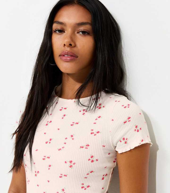 Cream Cotton Rich Ribbed Ditsy Print Babylock T-Shirt