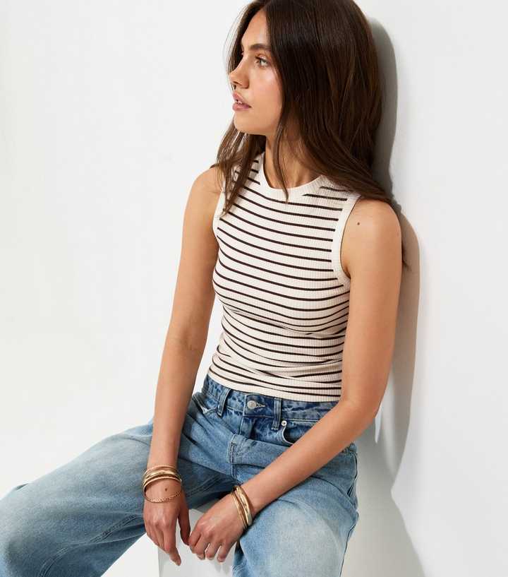 White Cotton Rich Ribbed Stripe Pattern Sleeveless Tank Top