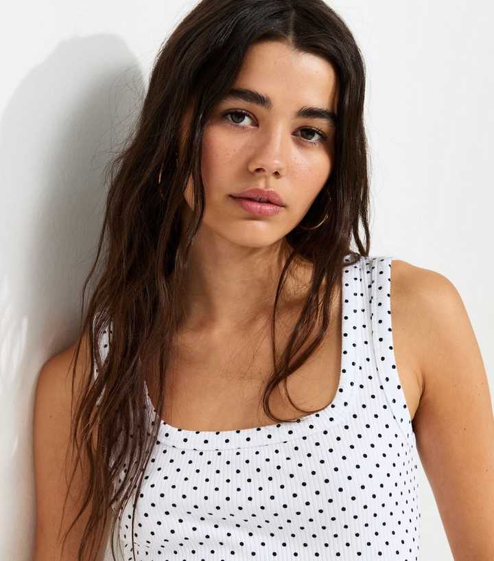 White Cotton Rich Spot Print Square Neck Vest Top