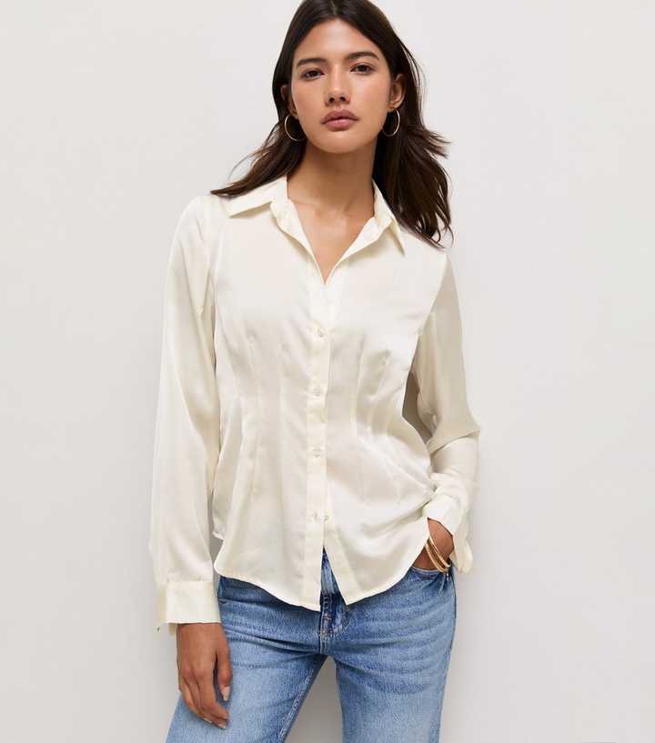 Cream Satin Pleated Waist Shirt
