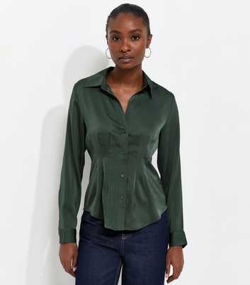 Dark Green Satin Pleated Waist Shirt