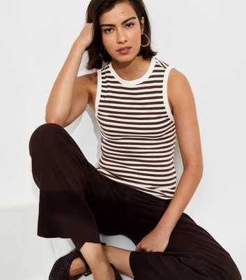 Brown Striped Cotton Rich Ribbed Tank Top