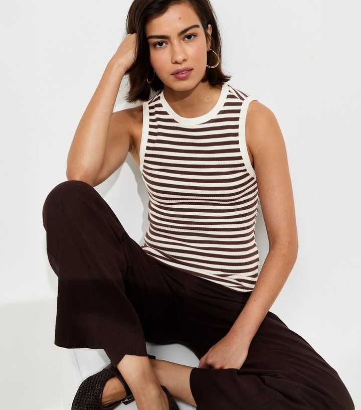 Brown Striped Cotton Rich Ribbed Tank Top