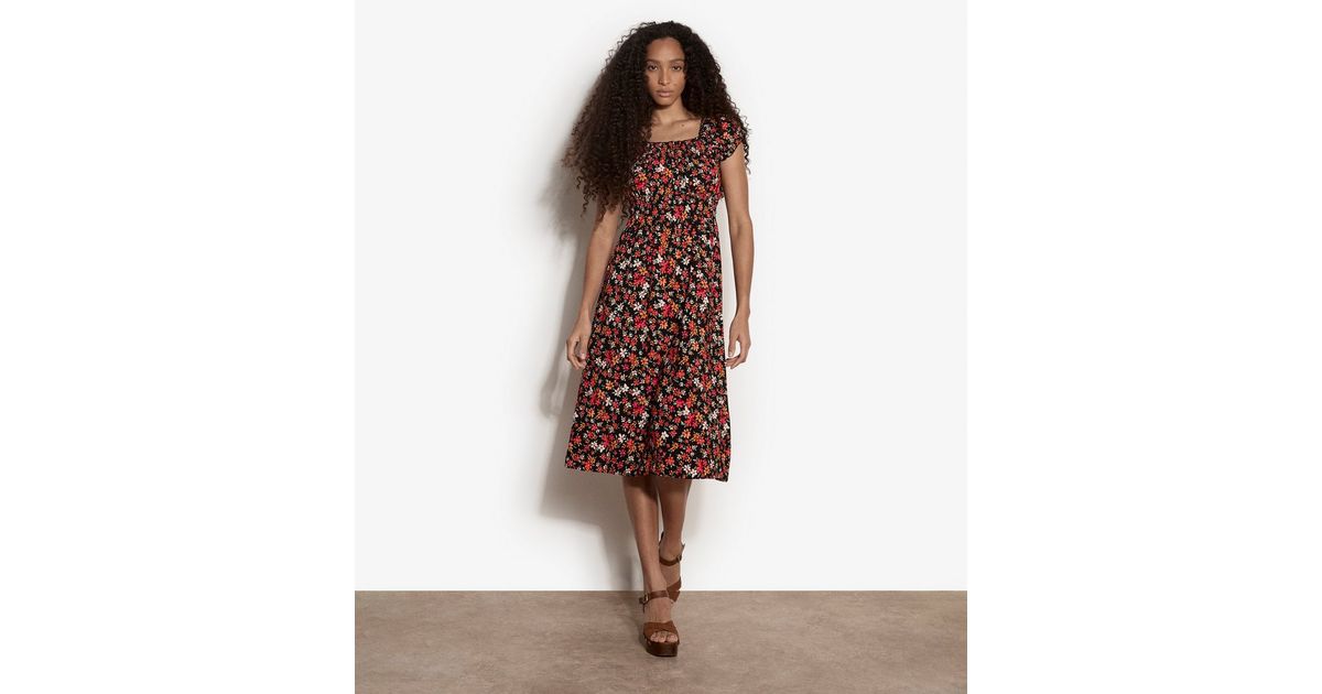 black ditsy print milkmaid midi dress Apricot Black Milkmaid Ditsy Print Midi Dress