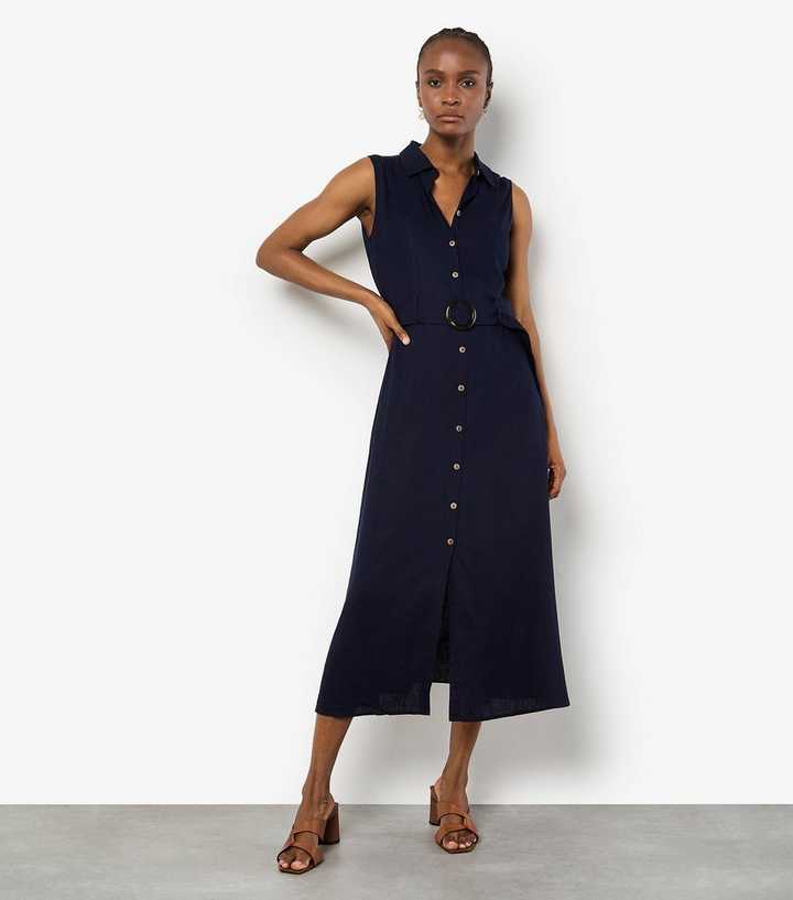 Apricot Navy Sleeveless Midi Shirt Dress