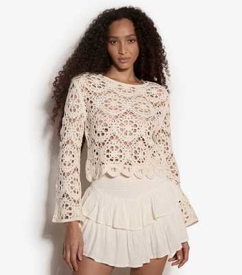 Apricot Stone Semi Sheer Floral Crochet Knit Top