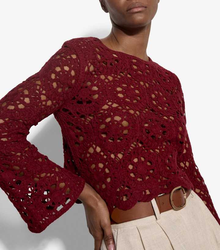 Apricot Dark Burgundy Floral Crochet Long Sleeve Top