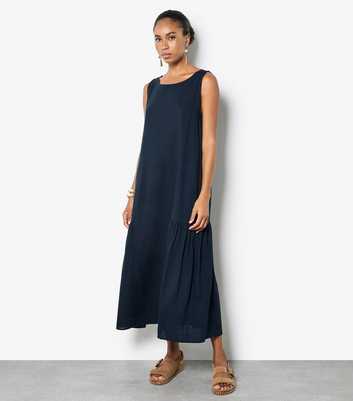 Apricot Navy Pleat Detail Trapeze Midi Dress
