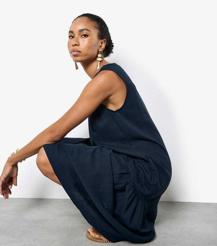 Apricot Navy Pleat Detail Trapeze Midi Dress | New Look
