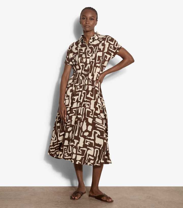 Apricot Brown Grecian Geo Print Midi Dress
