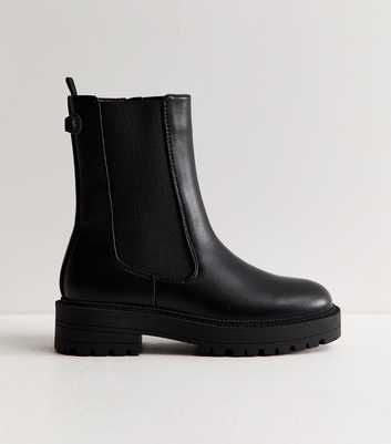 Black Faux Leather Chunky Sole Chelsea Ankle Boots