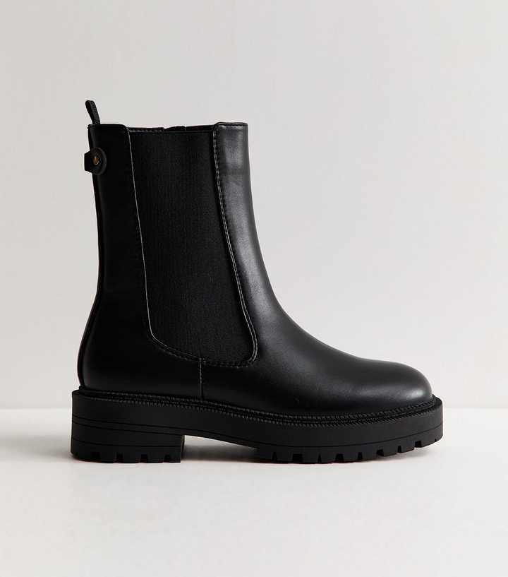Black Faux Leather Chunky Sole Chelsea Ankle Boots