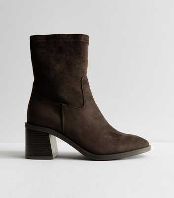 Wide Fit Dark Brown Faux Suede Stacked Heel Sock Ankle Boots