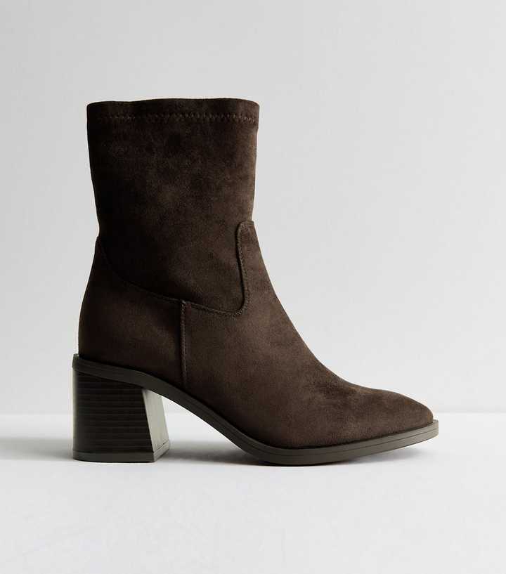 Wide Fit Dark Brown Faux Suede Stacked Heel Sock Ankle Boots