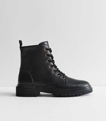Black Faux Leather Stitch Trim Lace Up Ankle Boots