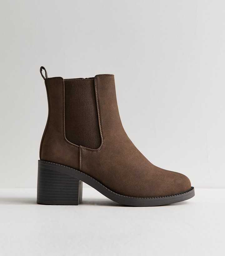 Wide Fit Dark Brown Faux Leather Heeled Chelsea Boots