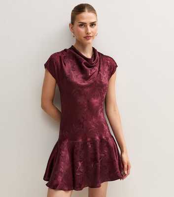 Dark Burgundy Satin Jacquard Cowl Neck Skater Mini Dress