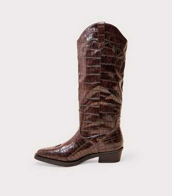 Public Desire Dark Brown Apollo Faux Leather Crocodile Embossed Western Boots