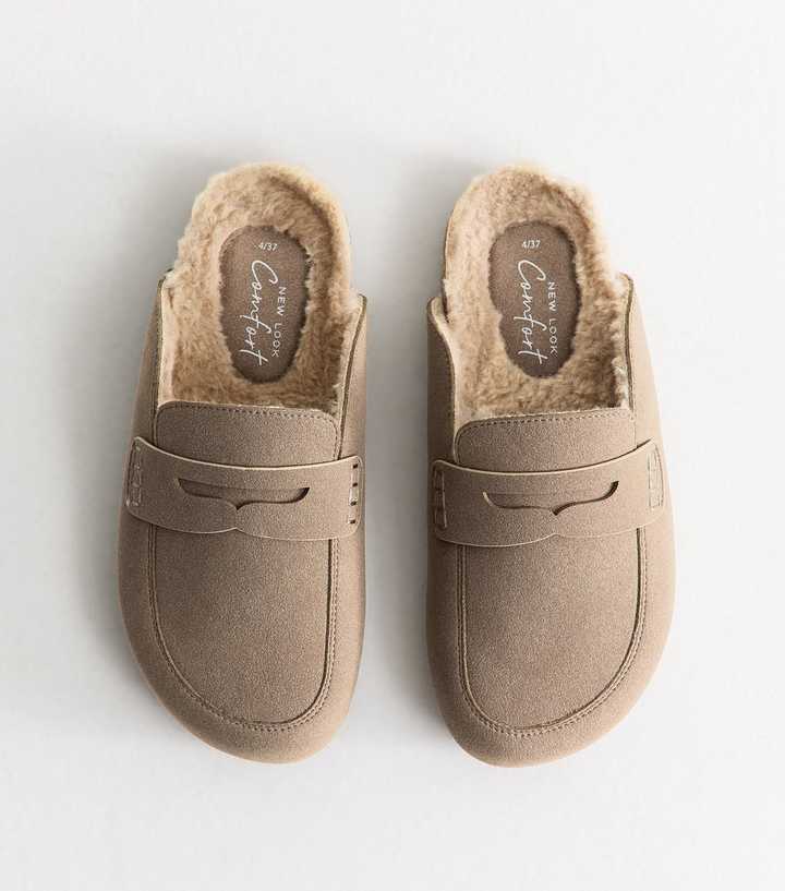 Light Brown Faux Suede Borg Loafer Mules