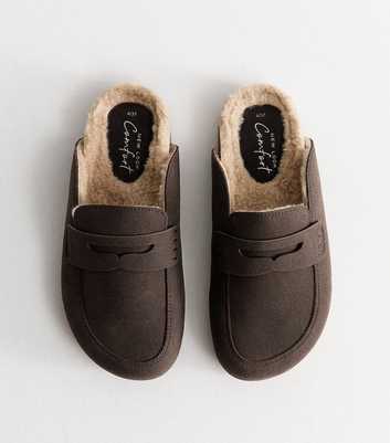 Dark Brown Faux Suede Borg Loafer Mules