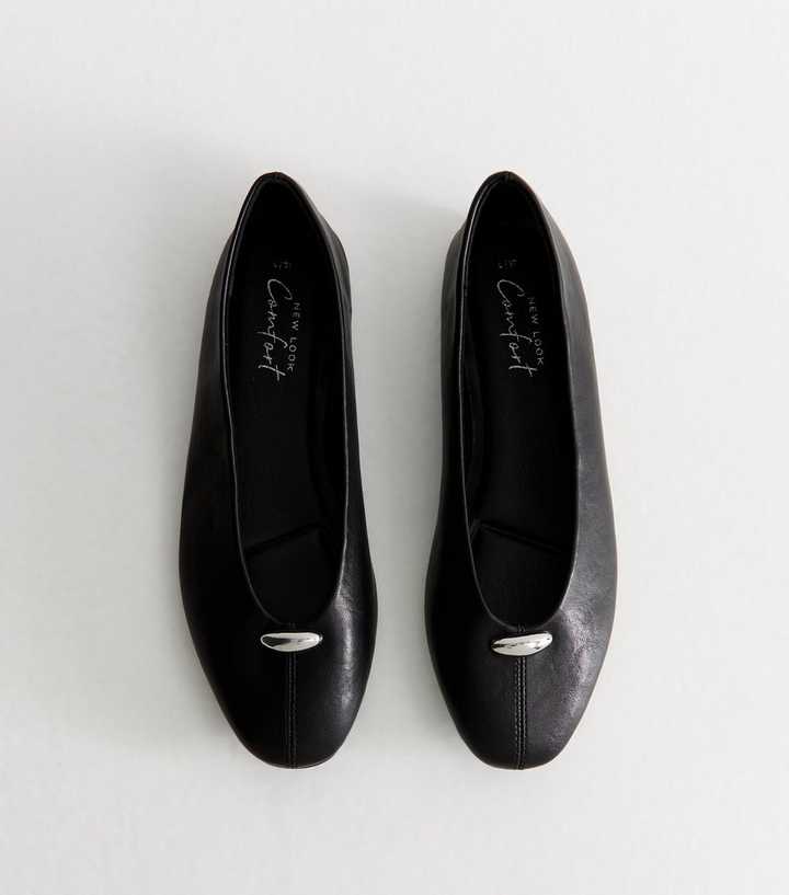 Black Faux Leather Metallic Charm High Vamp Ballerina Flats