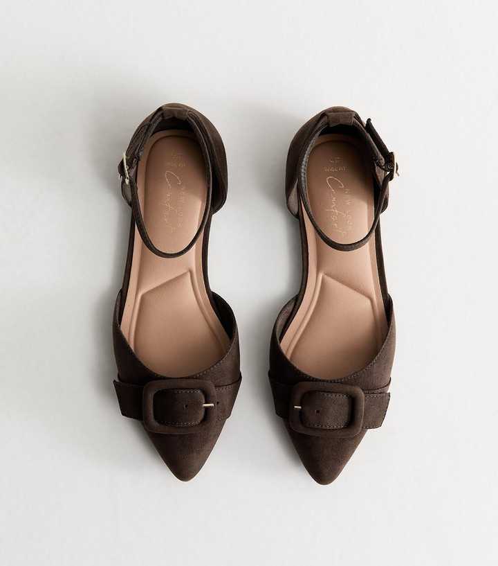 Wide Fit Dark Brown Faux Suede Pointed Mary Jane Pumps