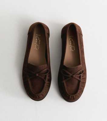 Wide Fit Dark Brown Faux Suede Bow Loafers