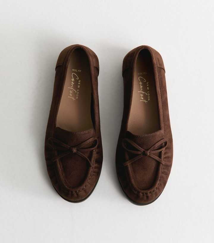Wide Fit Dark Brown Faux Suede Bow Loafers