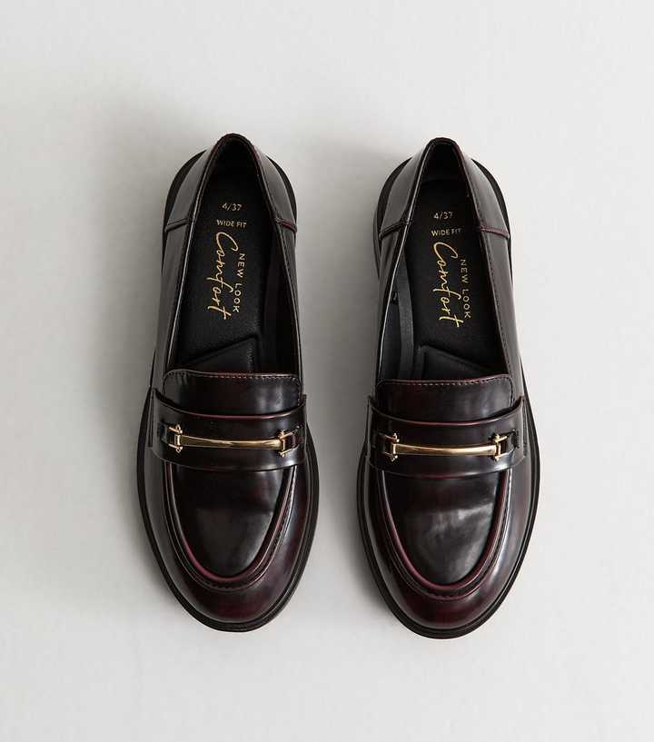 Wide Fit Dark Burgundy Faux Leather Burnished Loafers