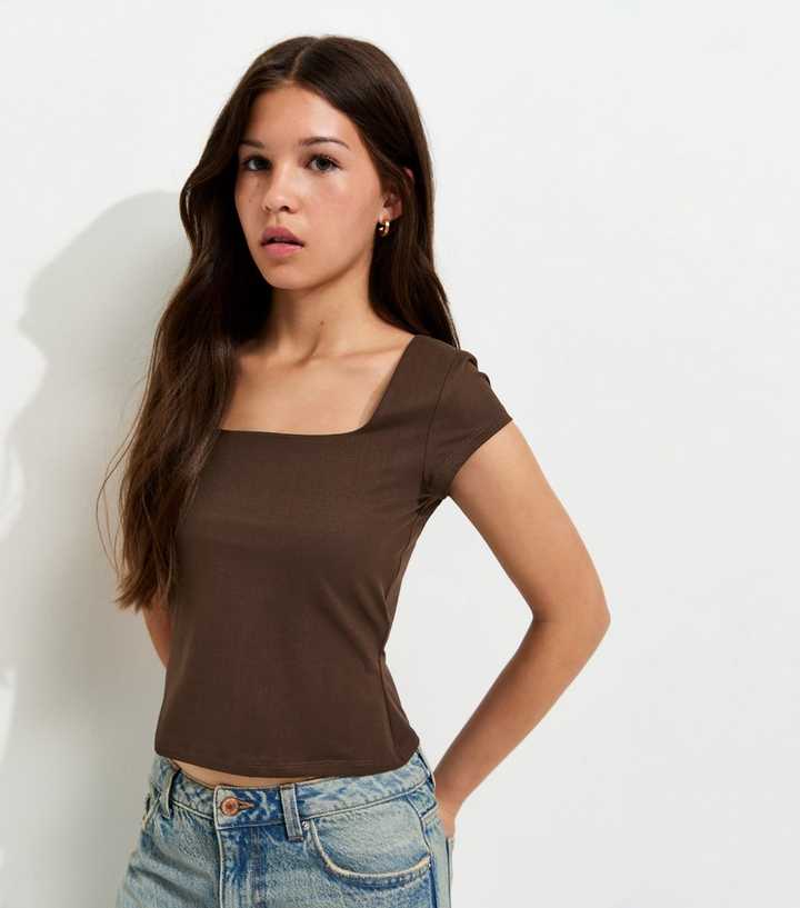 Girls Dark Brown Square Neck Cap Sleeve T-Shirt