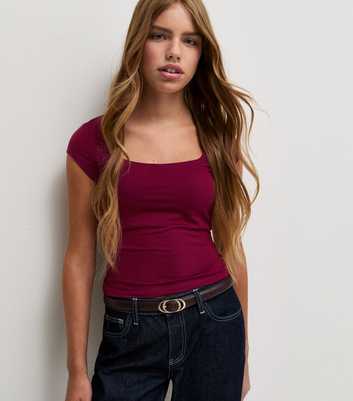 Girls Dark Burgundy Square Neck Soft Touch Cap Sleeve T-Shirt
