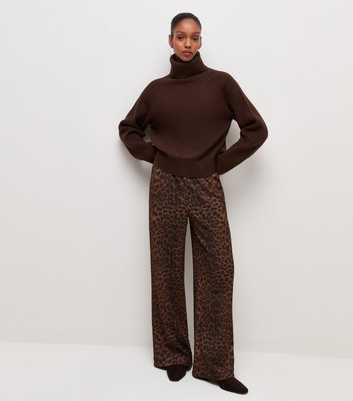 Brown Leopard Print Crinkle Jersey Wide Leg Trousers