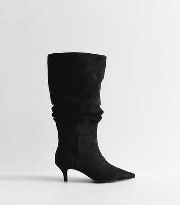 Wide Fit Black Faux Suede Ruched Pointed Knee Boots