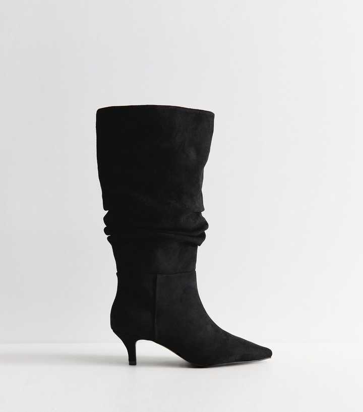 Wide Fit Black Faux Suede Ruched Pointed Knee Boots