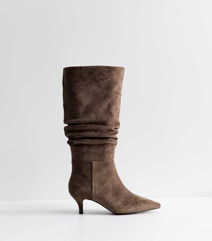 Wide Fit Mink Faux Suede Ruched Pointed Knee Boots