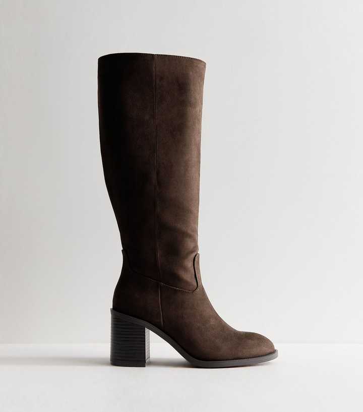 Dark Brown Faux Suede Block Heel Boots