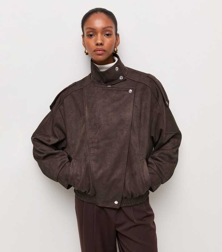 Dark Brown Faux Suede Asymmetric Front Wrap Funnel Neck Jacket
