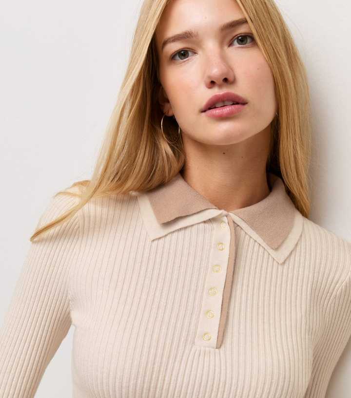 Cream Lightweight Rib Layered Collar Polo Shirt