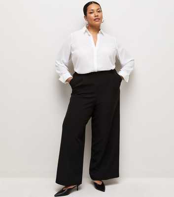 Curves Black Woven Pull On Wide Leg Trousers