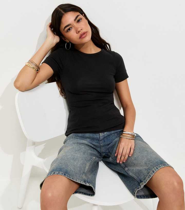 Black Cotton Rich Deep Cuff Fitted Crew Neck T-Shirt