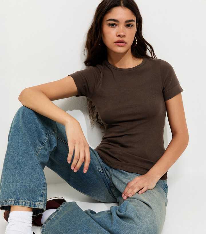 Dark Brown Cotton Rich Deep Cuff Fitted Crew Neck T-Shirt