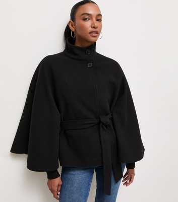 Black Button Front High Neck Cape Jacket