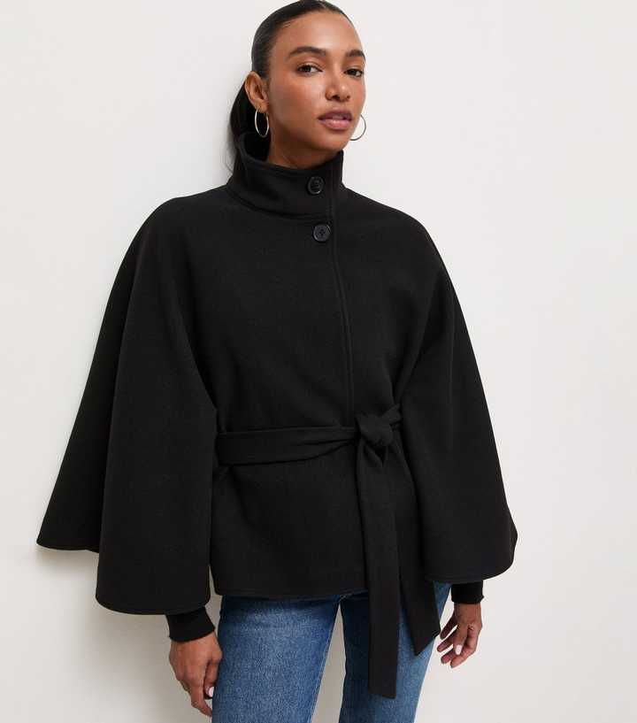 Black High Neck Belted Woven Short Cape Jacket