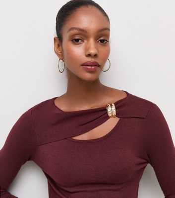 Dark Burgundy Knitted Gold Ring Long Sleeve Top