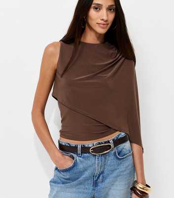 Dark Brown Jersey One Shoulder Cape Sleeve Top