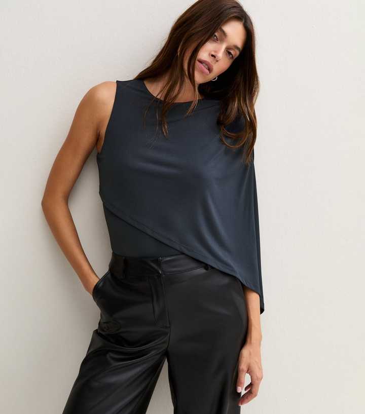 Navy Jersey One Shoulder Cape Sleeve Top